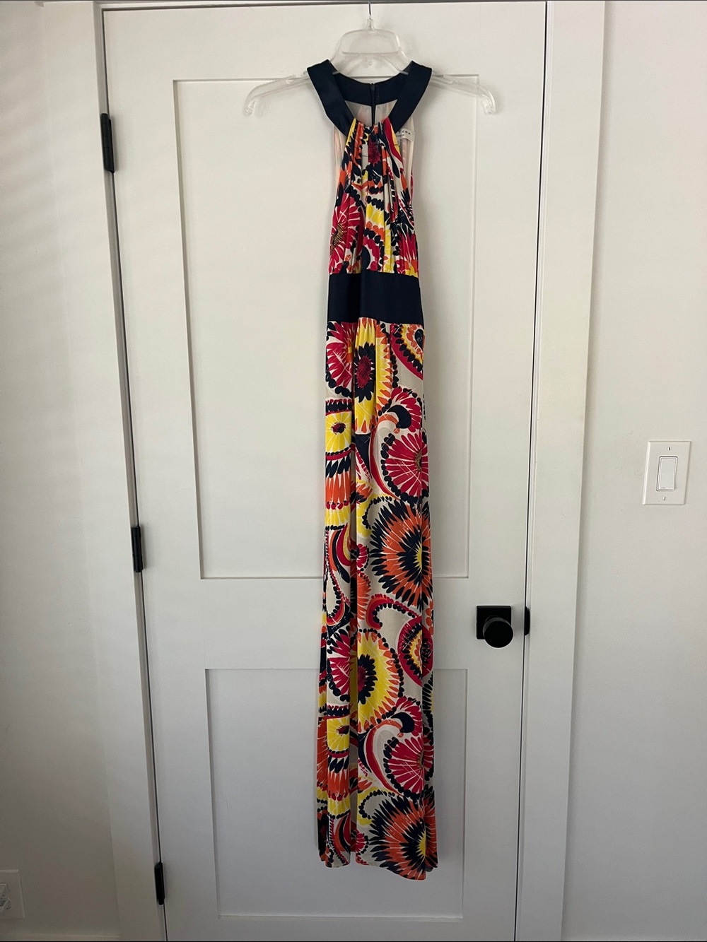 Trina Turk Halter Maxi Dress — Navy, Pink, Yellow, Orange bright starburst print